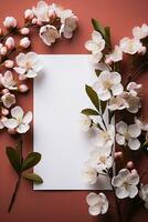 vacío blanco blanco papel con flor decoración, creado con generativo ai foto