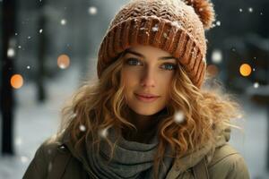 Beautiful young woman in winter clothes, created with generative AI photo