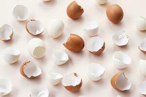 Springtime easter layout. Empty broken chicken eggshells. photo