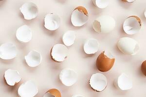 Springtime easter layout. Empty broken chicken eggshells. photo