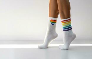 humano piernas vistiendo arco iris calcetines como lgbt bandera. foto