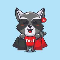 cute raccoon with shopping bag in black friday sale cartoon vector illustration