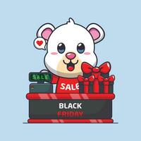 cute polar bear with cashier table in black friday sale cartoon vector illustration