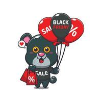 cute panther with shopping bag and balloon at black friday sale cartoon vector illustration