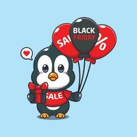 cute penguin with gifts and balloons in black friday sale cartoon vector illustration