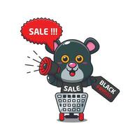 cute panther in shopping cart is promoting black friday sale with megaphone cartoon vector illustration