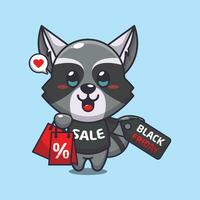 cute raccoon with shopping bag and black friday sale discount cartoon vector illustration