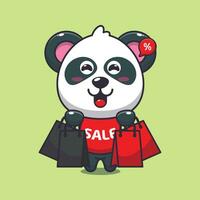 cute panda with shopping bag in black friday sale cartoon vector illustration