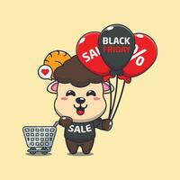 cute ram sheep with shopping cart and balloon at black friday sale cartoon vector illustration