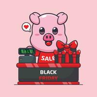 cute pig with cashier table in black friday sale cartoon vector illustration