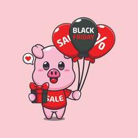cute pig with gifts and balloons in black friday sale cartoon vector illustration