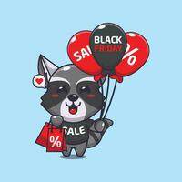 cute raccoon with shopping bag and balloon at black friday sale cartoon vector illustration