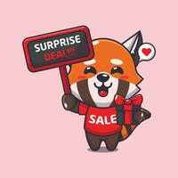 cute red panda with promotion sign and gift box in black friday sale cartoon vector illustration