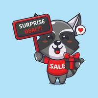 cute raccoon with promotion sign and gift box in black friday sale cartoon vector illustration