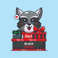 cute raccoon with cashier table in black friday sale cartoon vector illustration