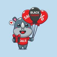 cute rhino with gifts and balloons in black friday sale cartoon vector illustration