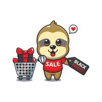 cute sloth with shopping cart and discount coupon black friday sale cartoon vector illustration