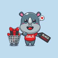 cute rhino with shopping cart and discount coupon black friday sale cartoon vector illustration