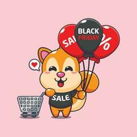 cute squirrel with shopping cart and balloon at black friday sale cartoon vector illustration