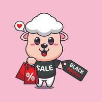 cute sheep with shopping bag and black friday sale discount cartoon vector illustration