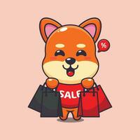 cute shiba inu with shopping bag in black friday sale cartoon vector illustration