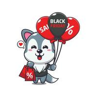 cute wolf with shopping bag and balloon at black friday sale cartoon vector illustration