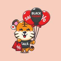 cute tiger with shopping bag and balloon at black friday sale cartoon vector illustration