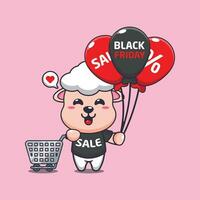 cute sheep with shopping cart and balloon at black friday sale cartoon vector illustration