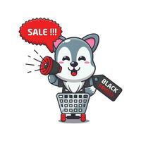 cute wolf in shopping cart is promoting black friday sale with megaphone cartoon vector illustration