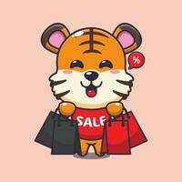 cute tiger with shopping bag in black friday sale cartoon vector illustration