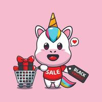 cute unicorn with shopping cart and discount coupon black friday sale cartoon vector illustration