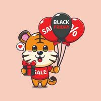 cute tiger with gifts and balloons in black friday sale cartoon vector illustration