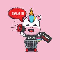 cute unicorn in shopping cart is promoting black friday sale with megaphone cartoon vector illustration