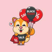 cute squirrel with shopping bag and balloon at black friday sale cartoon vector illustration