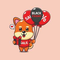 cute shiba inu with gifts and balloons in black friday sale cartoon vector illustration