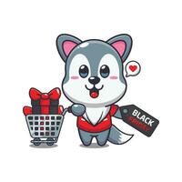 cute wolf with shopping cart and discount coupon black friday sale cartoon vector illustration