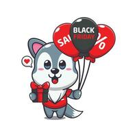 cute wolf with gifts and balloons in black friday sale cartoon vector illustration