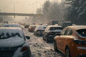 Car traffic on snowy slippery road at winter season. Generative AI photo