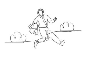 Continuous one line drawing of young happy business man carrying a suit jumping over the cloud while listening music. Business success celebration. Single line draw design vector graphic illustration