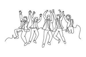 Single continuous line drawing young happy business man and business woman jumping to celebrate their successive team business. Business deal concept. One line draw graphic design vector illustration