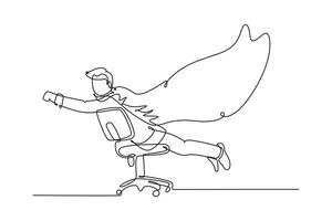 Single one line drawing young happy business man spreading a wing and pretend as super hero who flying using an office chair. Business success. Continuous line draw design graphic vector illustration