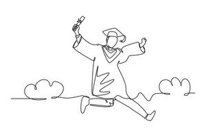 Single continuous line drawing of young happy college student jumping high to celebrate his school graduation. Education celebration concept. Dynamic one line draw graphic design vector illustration