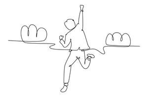 Continuous one line drawing back view of young happy business man punching fist into the air and jumping over cloud. Business success celebration. Single line draw design vector graphic illustration