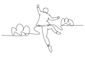 Single one line drawing back view of happy and energetic business man punching fist into the air, jumping over cloud. Business success celebration. Continuous line design graphic vector illustration