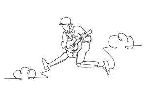 Continuous one line drawing young energetic guitarist jumping at stage and playing electric guitar. Energetic musician artist performance concept. Single line draw design vector graphic illustration