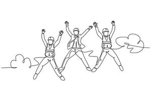 Continuous one line drawing young happy business man and business woman jumping to celebrate their successive business. Business deal celebration. Single line draw design vector graphic illustration