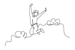 Single one line drawing young happy business woman jumping and raise hands into the air celebrate success. Business celebration concept. Modern continuous line draw design graphic vector illustration