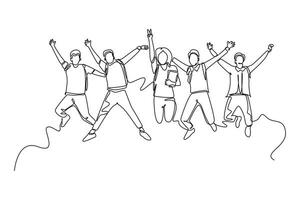 Single continuous line drawing group young happy male and female college student jumping to celebrate their final exam result. Education celebration. One line draw graphic design vector illustration