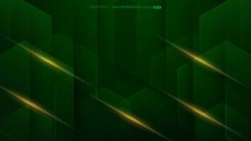 Geometric green abstract background. Hexagon shapes with golden lines and light vector