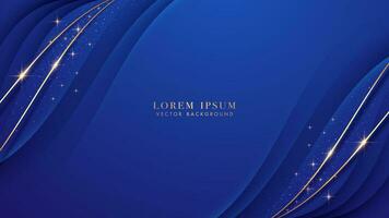 Golden lines with glitter light effect and curve decoration on blue background. Luxury style design concept vector